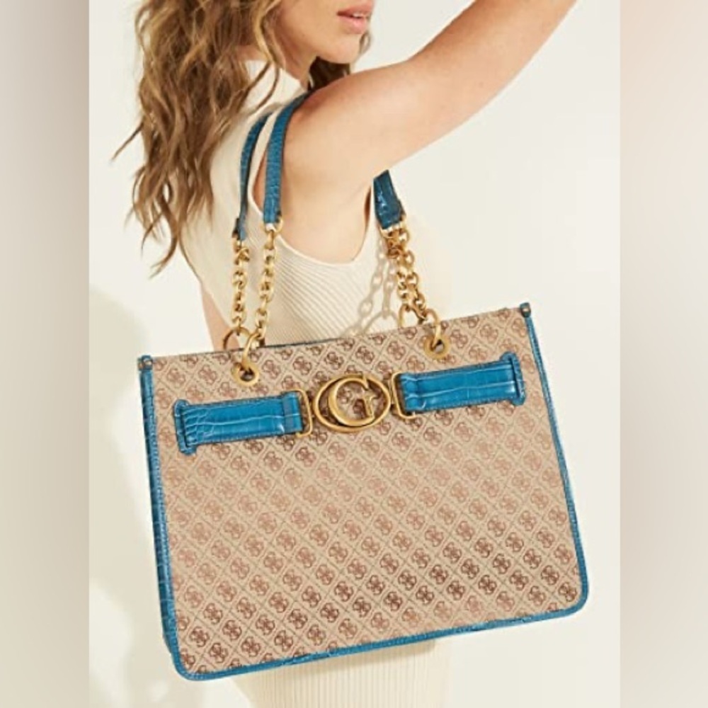 New Guess Tan and Blue Signature Tote
